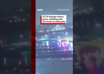 CCTV footage shows plane colliding with fire truck at LaGuardia airport. #US #BBCNews