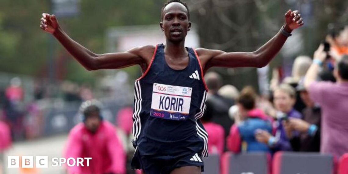 Albert Korir celebrating
