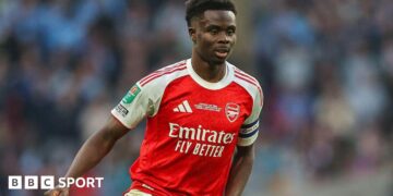Bukayo Saka playing for Arsenal