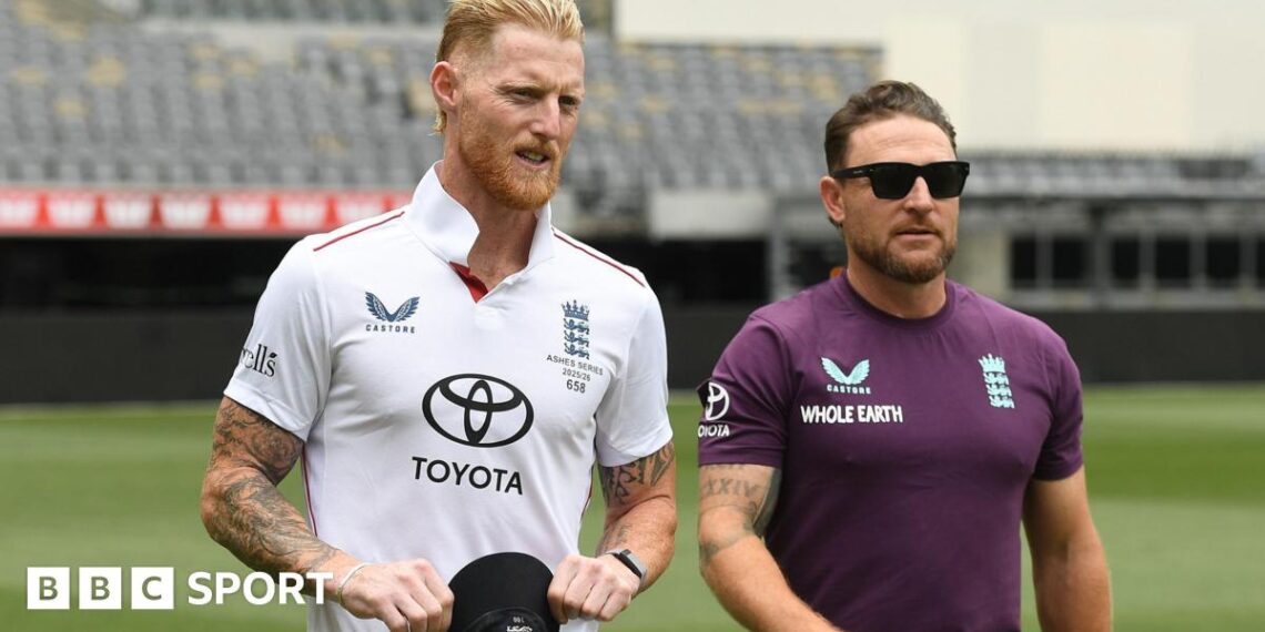England captain Ben Stokes and coach Brendon McCullum before the first Ashes Test in Perth