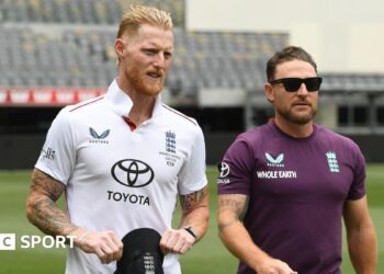England captain Ben Stokes and coach Brendon McCullum before the first Ashes Test in Perth