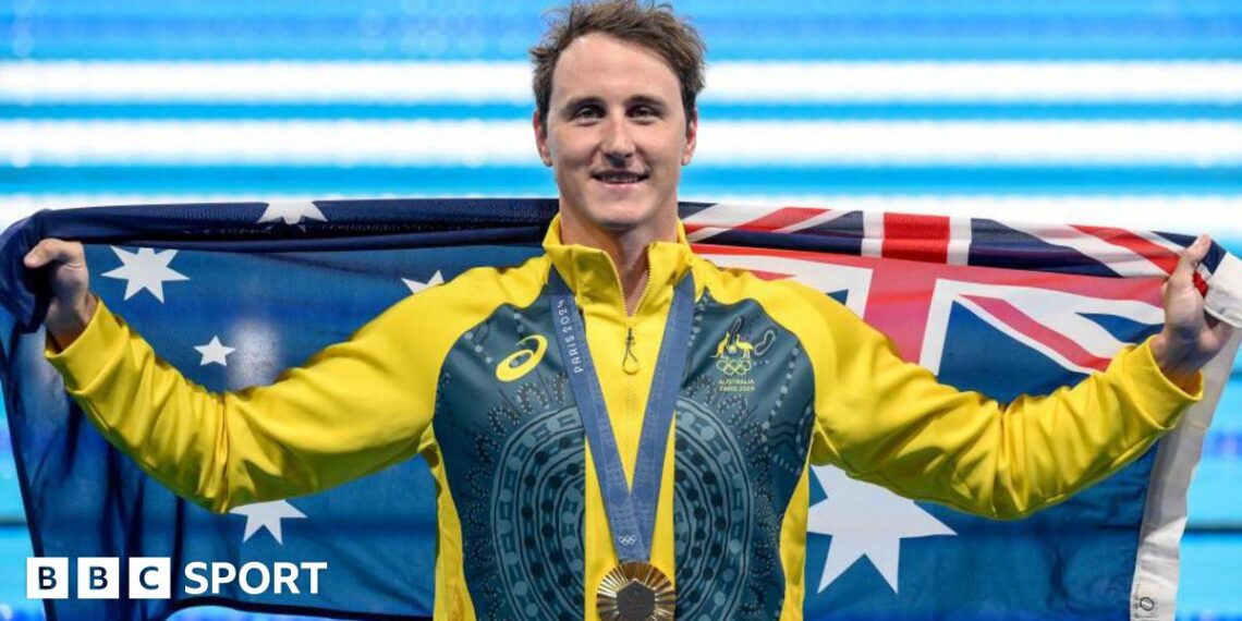 Cameron McEvoy celebrates winning gold at the 2024 Paris Olympics