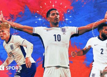 A blue and red graphic overlaid with Lewis Hall, Jude Bellingham and Reece James in white England shirts
