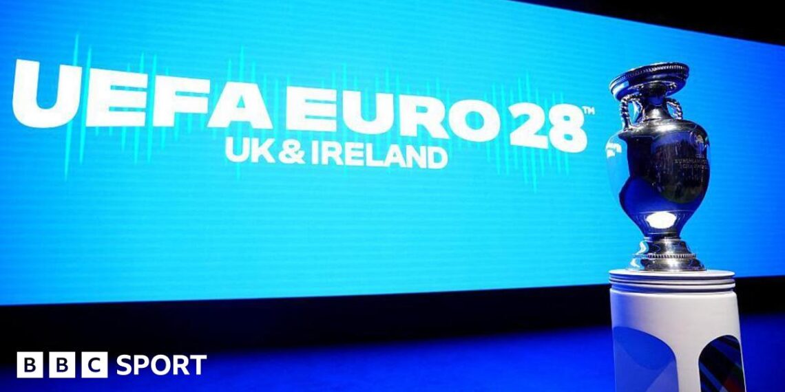 The Euro 2028 trophy, the Henri Delaunay Cup, is pictured ahead the launch event of the football tournament