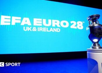The Euro 2028 trophy, the Henri Delaunay Cup, is pictured ahead the launch event of the football tournament