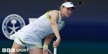 Elena Rybakina serves against Jessica Pegula