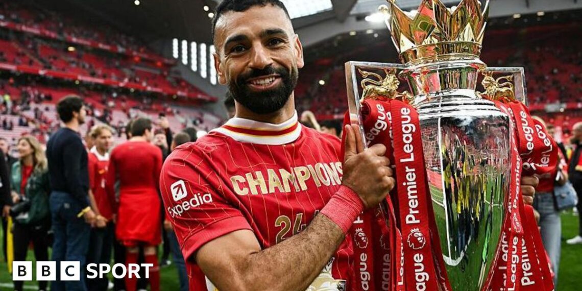 Mohamed Salah poses with the Premier League trophy