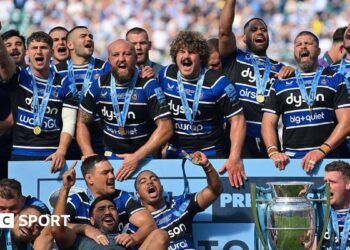 Bath celebrate winning the Premiership title in 2025