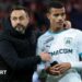 Roberto De Zerbi talks to Mason Greenwood following a Ligue 1 football match between Lille and Marseille