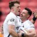 Bath's Bernard van der Linde hugs team-mate Louie Hennessey in celebration