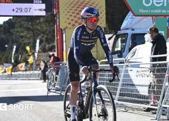 Tom Pidcock crosses the line after Friday's fifth stage