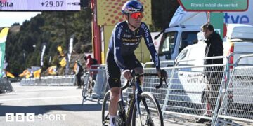Tom Pidcock crosses the line after Friday's fifth stage