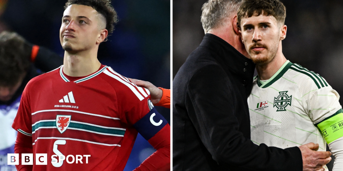 Wales captain Ethan Ampadu (left) and Northern Ireland captain Trai Hume looked dejected after their World Cup play-off semi-final defeats