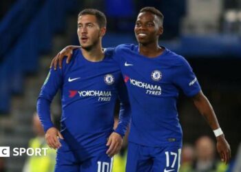 Charly Musonda with his arm around Eden Hazard while playing for Chelsea