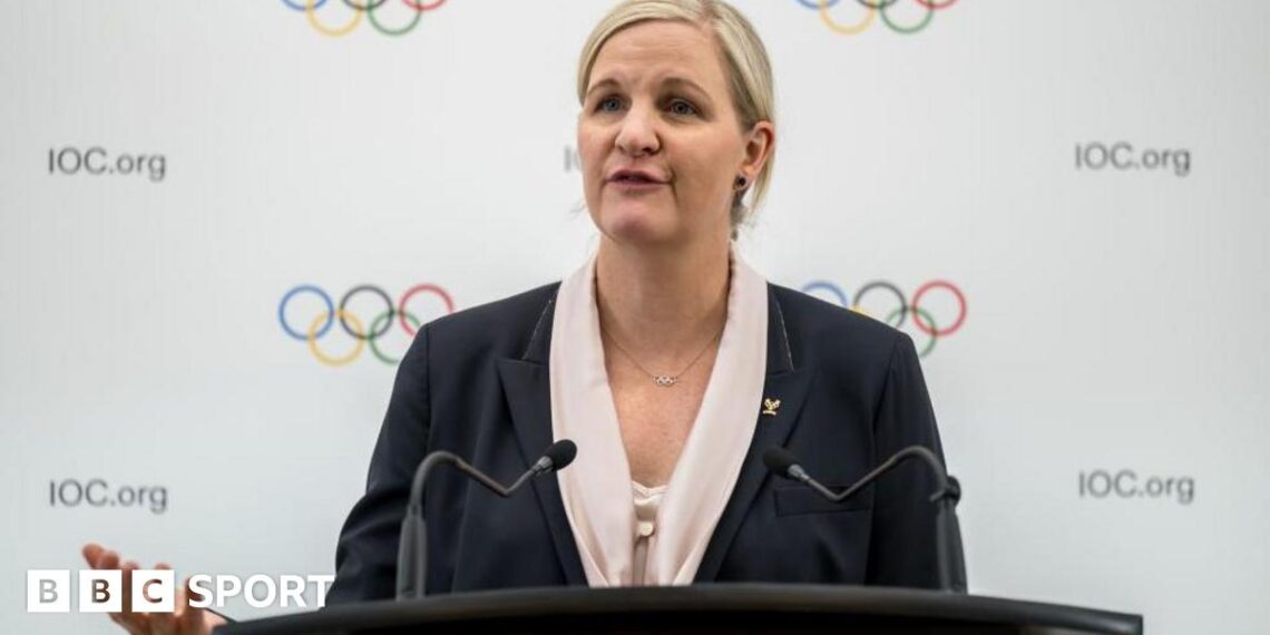 IOC president Kirsty Coventry giving a speech