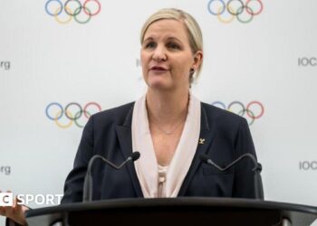 IOC president Kirsty Coventry giving a speech