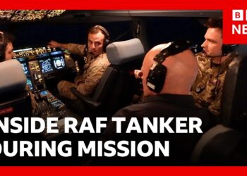Inside RAF refuelling tanker during mission against Iranian drones | BBC News