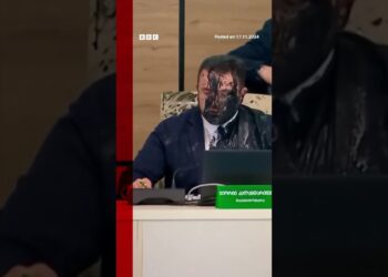 Moment Georgia election chief doused in paint by opposition official. #Georgia #BBCNews