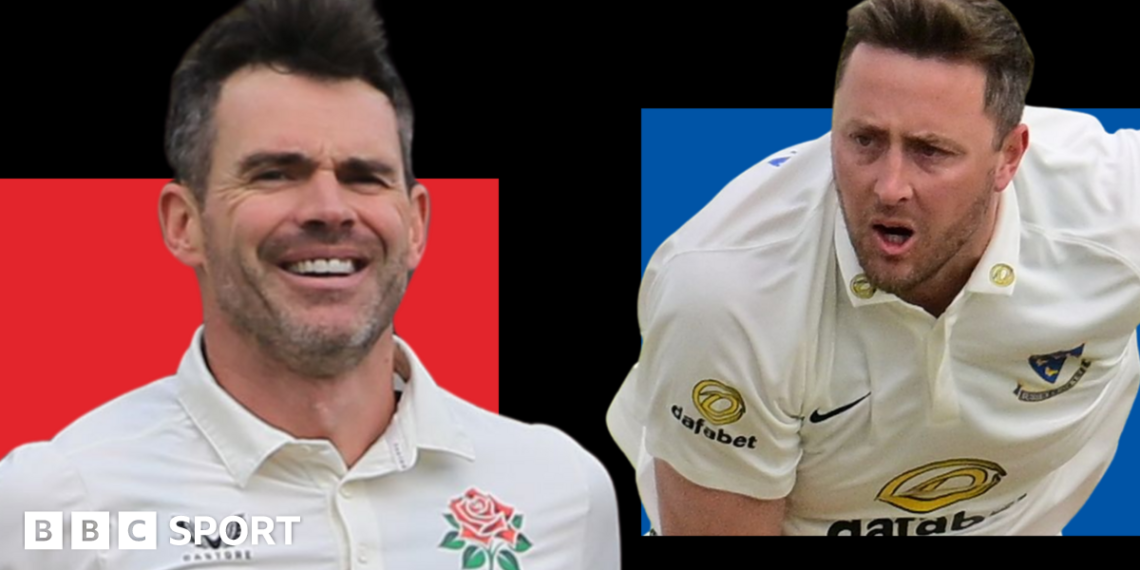 On the left, a red background box is overlaid with James Anderson wearing the white Lancashire County Championship shirt with the red rose club badge as he smiles during a game in 2025. On the right, a blue background box is overlaid by Ollie Robinson wearing the white Sussex jersey with the club badge on with his mouth open while bowling in a game in 2025.
