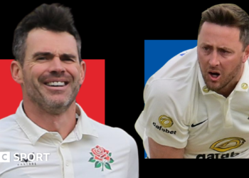 On the left, a red background box is overlaid with James Anderson wearing the white Lancashire County Championship shirt with the red rose club badge as he smiles during a game in 2025. On the right, a blue background box is overlaid by Ollie Robinson wearing the white Sussex jersey with the club badge on with his mouth open while bowling in a game in 2025.