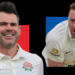 On the left, a red background box is overlaid with James Anderson wearing the white Lancashire County Championship shirt with the red rose club badge as he smiles during a game in 2025. On the right, a blue background box is overlaid by Ollie Robinson wearing the white Sussex jersey with the club badge on with his mouth open while bowling in a game in 2025.