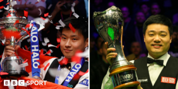 Zhao Xintong (left) with the World Championship trophy and Ding Junhui with the UK Championship trophy