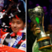 Zhao Xintong (left) with the World Championship trophy and Ding Junhui with the UK Championship trophy