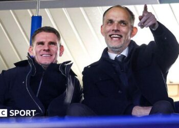 Anthony Barry and Thomas Tuchel watch a match from the stands