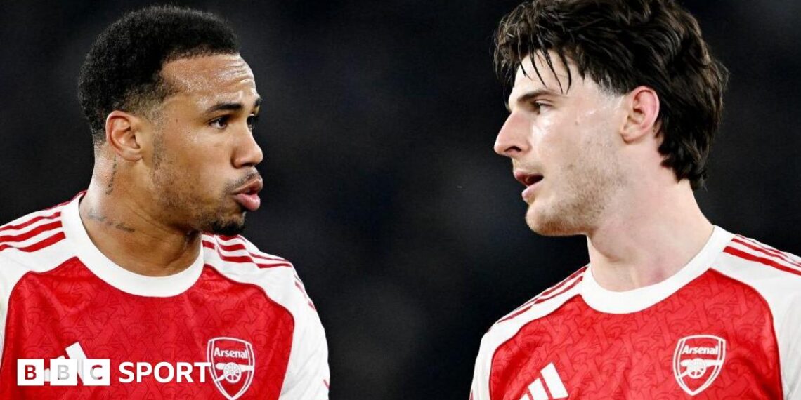 Gabriel and Declan Rice of Arsenal interact during a Premier League match against Brighton