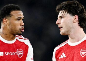 Gabriel and Declan Rice of Arsenal interact during a Premier League match against Brighton