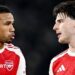 Gabriel and Declan Rice of Arsenal interact during a Premier League match against Brighton