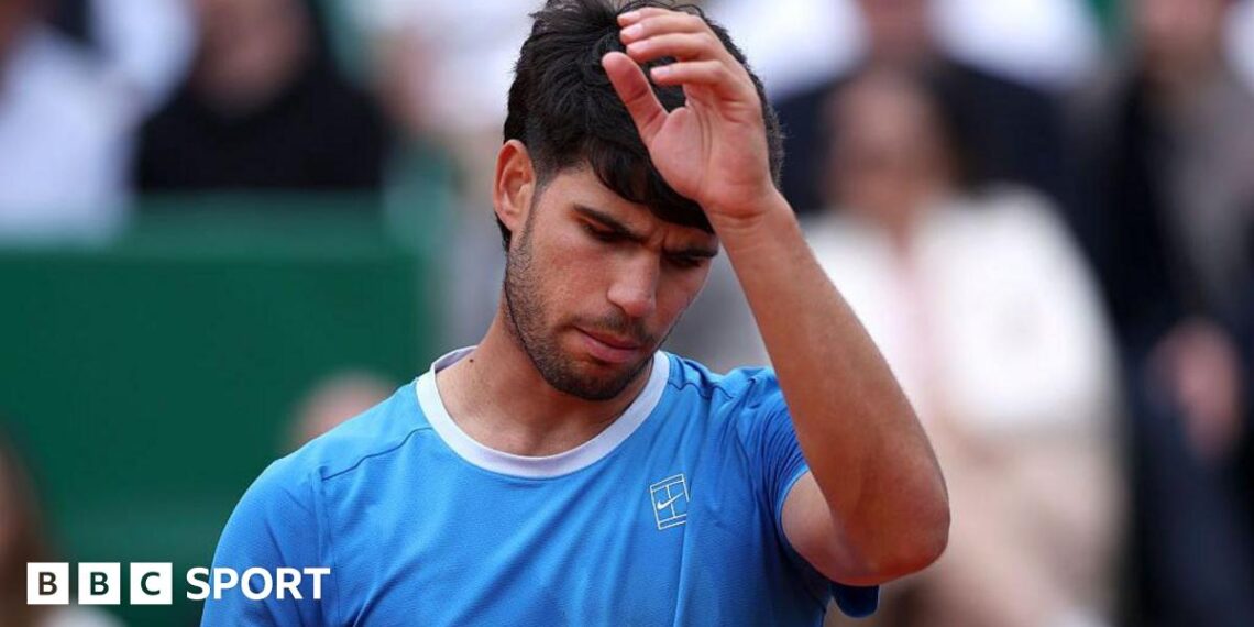 Carlos Alcaraz looking glum faced during the Monte Carlo Masters