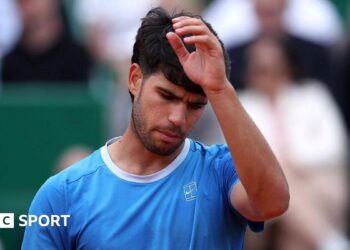 Carlos Alcaraz looking glum faced during the Monte Carlo Masters