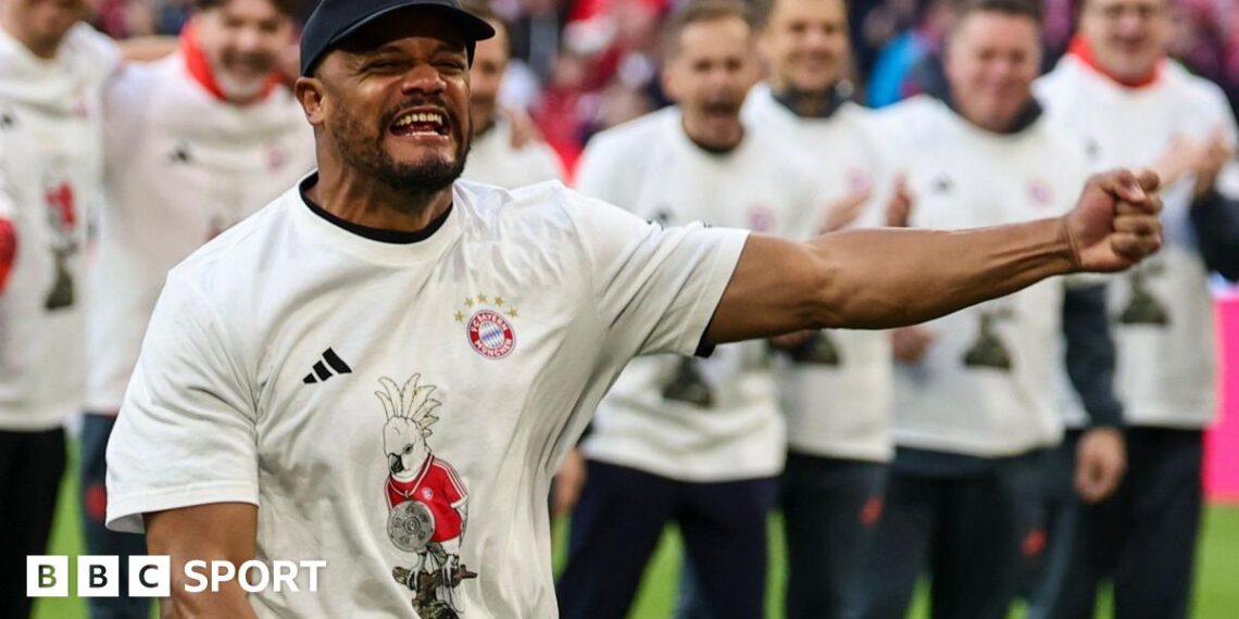 Bayern Munich players line up to celebrate winning the Bundesliga title