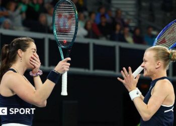 Jodie Burrage (left) and Harriet Dart (right) celebrate their win over Australia
