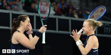 Jodie Burrage (left) and Harriet Dart (right) celebrate their win over Australia