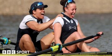 Oxford's Kyra Delray and Esther Briz Zamorano celebrate after victory in the women's Boat Race