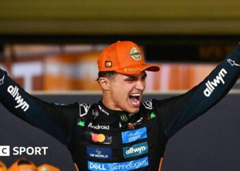 A split image of Valtteri Bottas, Lando Norris and Arvid Lindblad