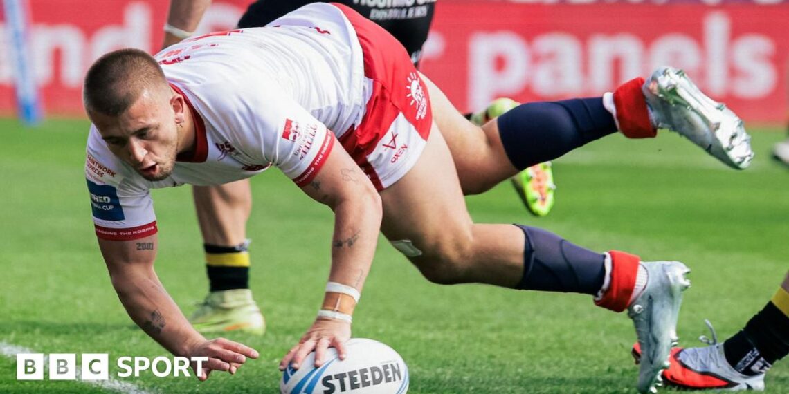 Hull KR's Mikey Lewis scores a try against York Knights