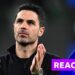 Mikel Arteta looks towards crowd and does a clapping hand motion