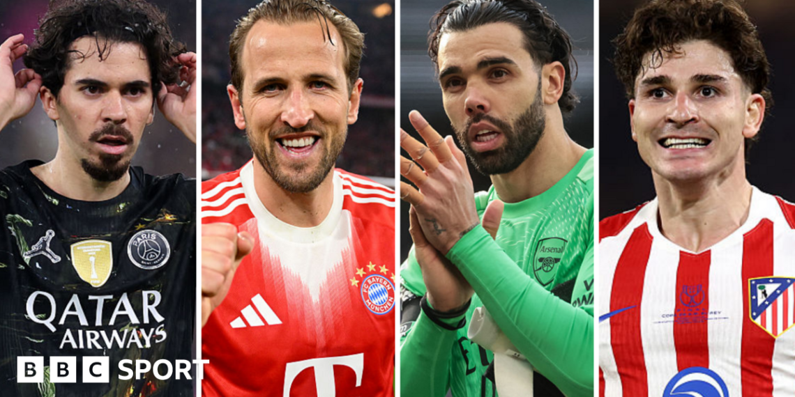 Graphic of Vitinha, Harry Kane, David Raya and Julian Alvarez