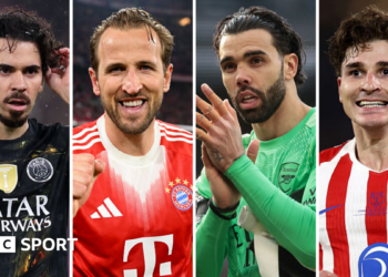 Graphic of Vitinha, Harry Kane, David Raya and Julian Alvarez