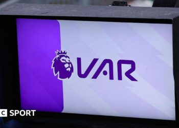 A VAR monitor is seen during the Premier League match between Manchester City and Fulham