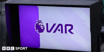 A VAR monitor is seen during the Premier League match between Manchester City and Fulham