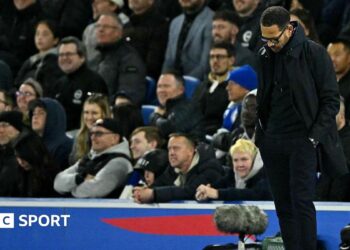 Liam Rosenior looking at the ground at Brighton