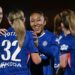 Chelsea women's players celebrate a goal