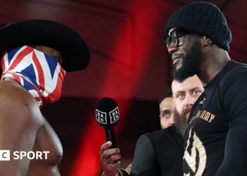 Split image of Lauren Price with her world titles and Deontay Wilder and Derek Chisora facing off