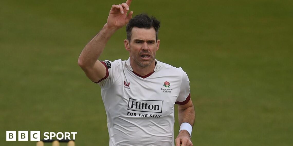 Sir James Anderson takes a wicket and celebrates with his right hand in the air