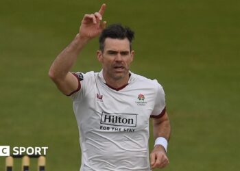 Sir James Anderson takes a wicket and celebrates with his right hand in the air