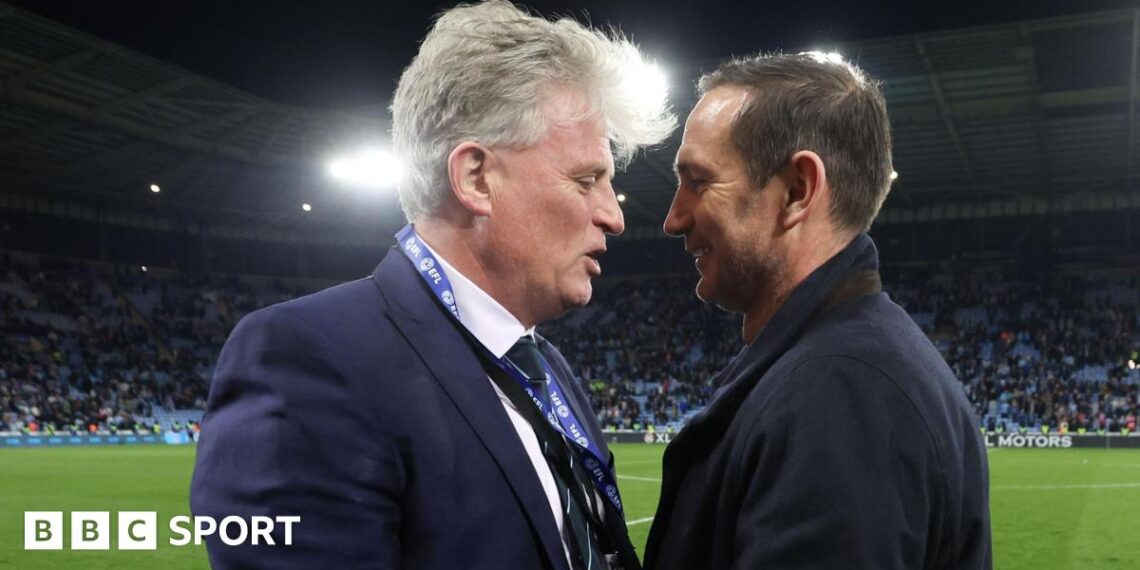 Doug King and Frank Lampard share a moment after Coventry's title-sealing win over Portsmouth